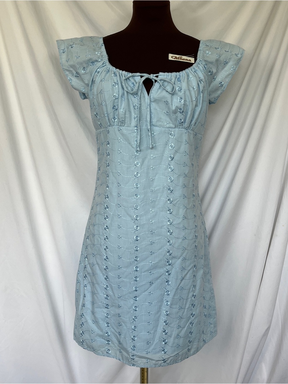 VTG 1990s Aqua Blues Baby Blue Embroidered Eyelet Milkmaid Bardot Dress